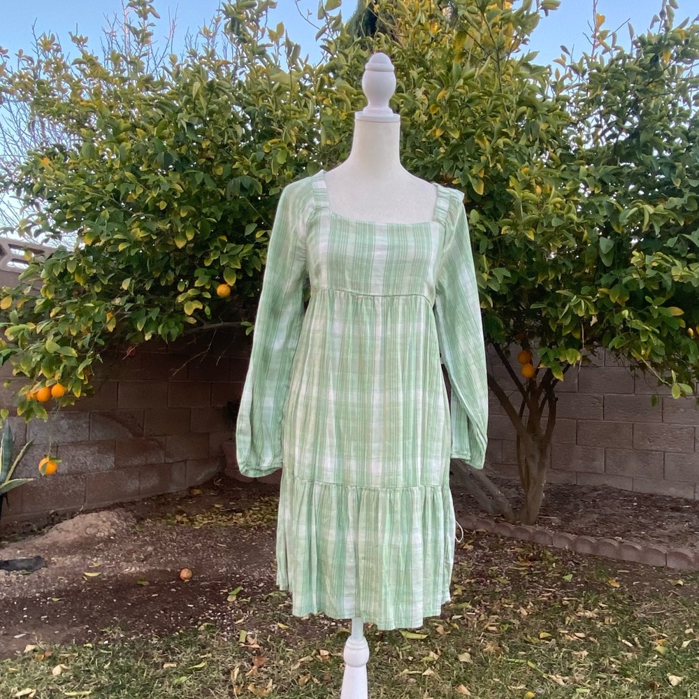 SO Green Gingham Peasant Cottage Core Dress